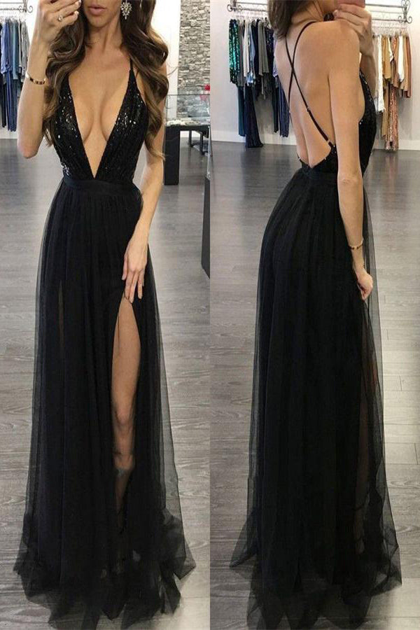 A Line Sequins Spaghettis Straps V Neck Floor Length Slit Long Tulle Prom Dress OHC530