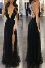 A Line Sequins Spaghettis Straps V Neck Floor Length Slit Long Tulle Prom Dress OHC530