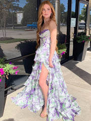 A Line Sweetheart Floral Chiffon Tiered Prom Dress with Slit