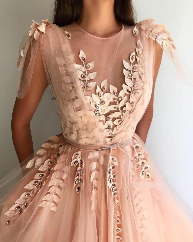 A-line Blush Pink Tulle Appliques Prom Dresses with Slit GH6425