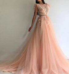 A-line Blush Pink Tulle Appliques Prom Dresses with Slit GH6425