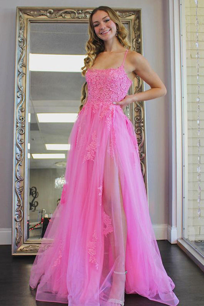 A Line Pink Lace Long Prom Dress with High Slit, Evening Dress SHK003