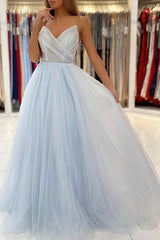 A Line Light Blue Tulle Long Prom Dresses, Evening Dress SHK005