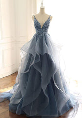 A-Line Grey Tulle Lace Long Prom Dress With Ruffles, Evening Dress SHK022