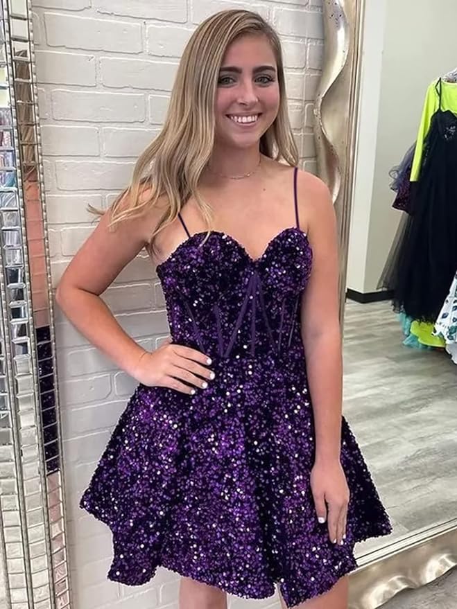 A line spaghetti strap prom dress short prom dresses sequin SYH94