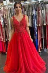 A-Line  V Neck Open Back Red Lace Long Prom Dress, Evening Dress CMS211169