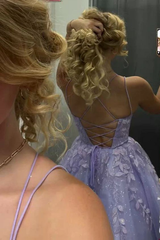 A Line Purple Lace Short Homecoming Dresses Backless Party Dress Y2107