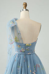A Line One Shoulder Grey Blue Tulle Homecoming Dress with Floral Embroidery