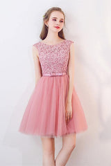 A-Line Cap Sleeves Appliques Bowknot Crystal Sashes Homecoming Dress PG154