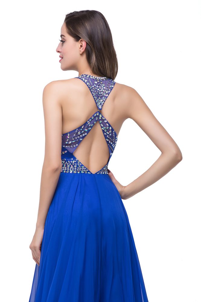 A-line Crew Floor-length Sleeveless Tulle Prom Dresses with Crystal Beads