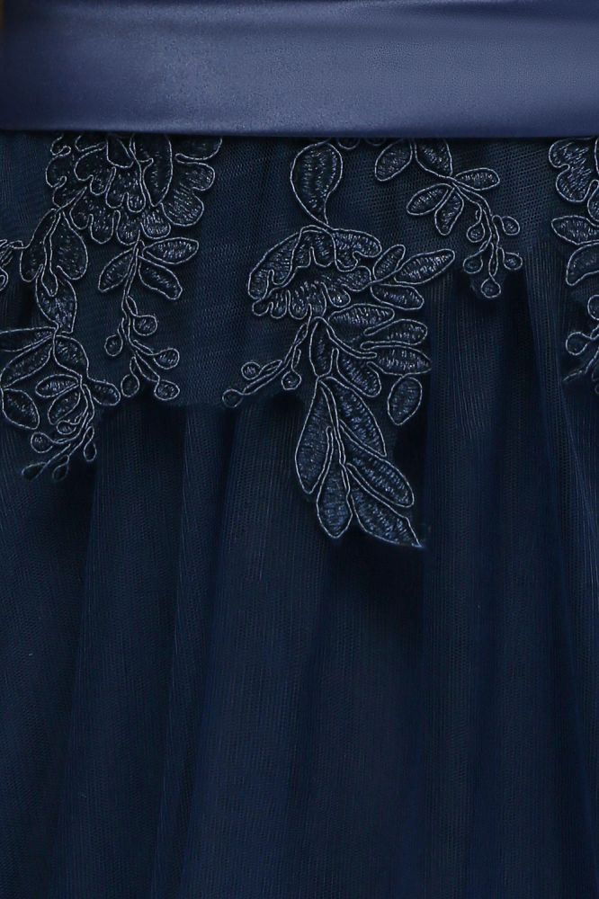 A-line Half Sleeves Floor Length Slit Appliqued Tulle Prom Dresses with Sash