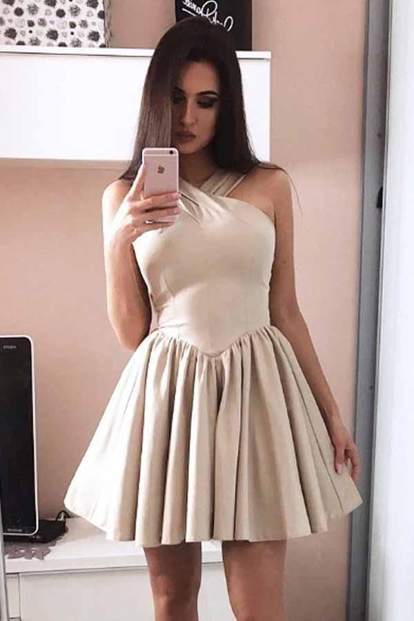 A-Line Halter Sleeveless Satin Short Prom Dress Homecoming Dresses PD051