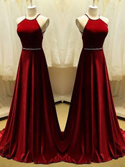 A-Line Halter Sleeveless With Beading Satin Prom Dresses