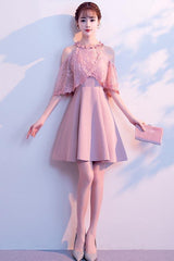 A-line High Neck Satin Pink Homecoming Dresses Party Dresses PD089