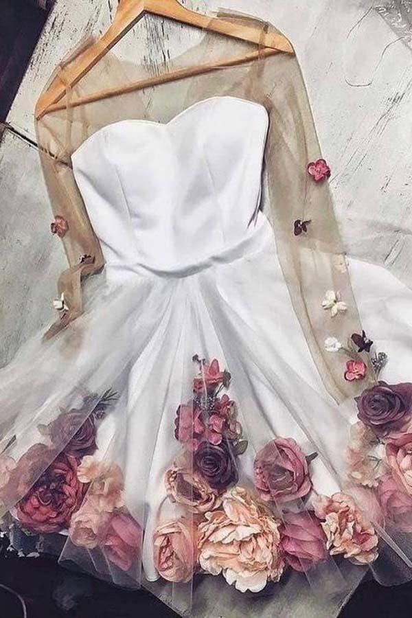 A Line Long Sleeves Short White Floral Prom Dresses Homecoming Dresses PD346