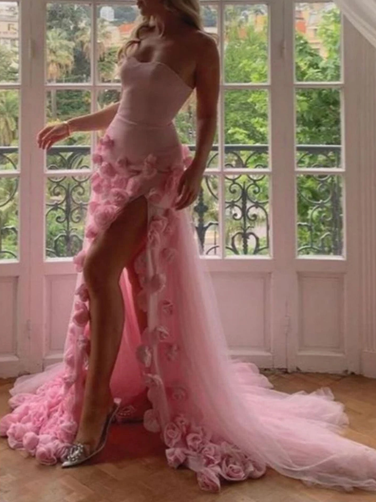 A line Sexy Sweetheart Sleeveless Pink Slit Flowers Prom Dress
