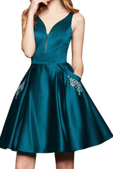 A Line V Neck Satin Burgundy Beaded Homecoming Dresses with Pockets  PD262