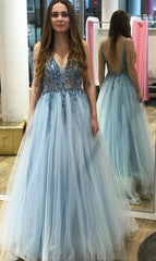 A-Line Blue V-Neck Spaghetti Straps Beading Tulle Prom Dress MQ6138