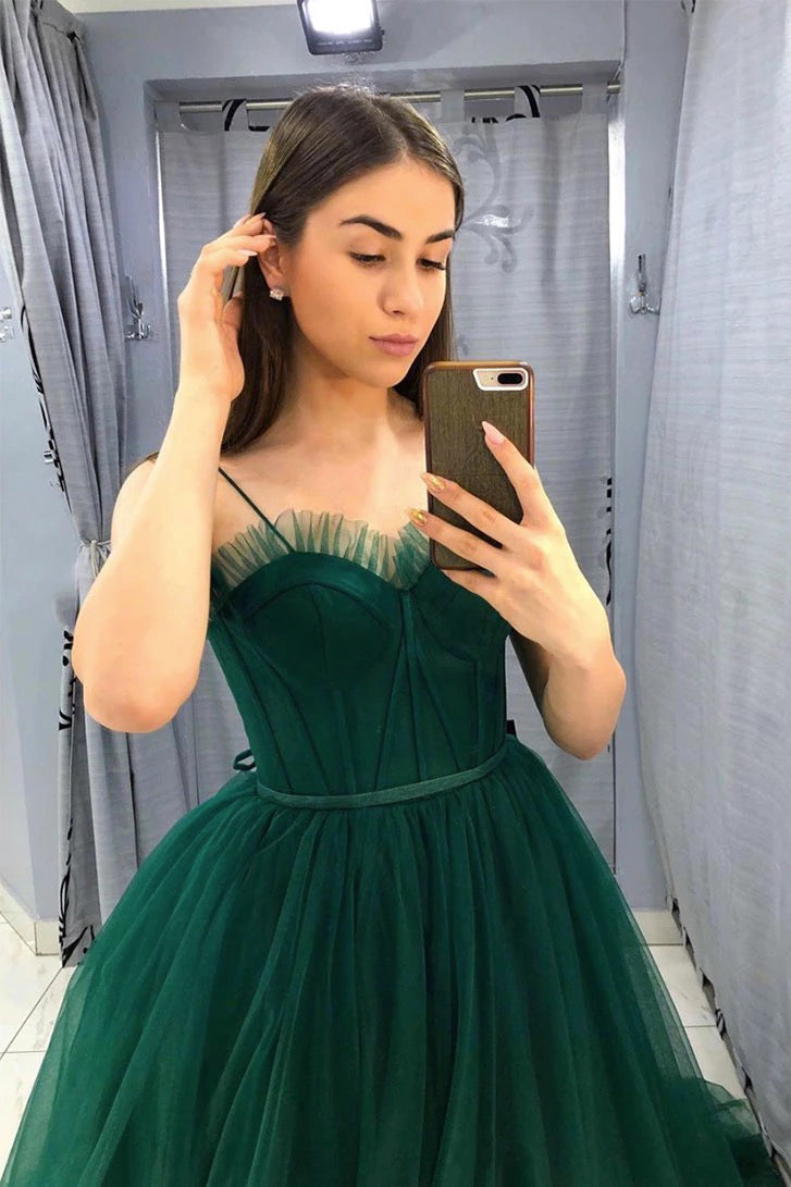 A Line Spaghetti Straps Sweetheart Sleeveless Long Green Tulle Prom Dress Evening Gown OHC329