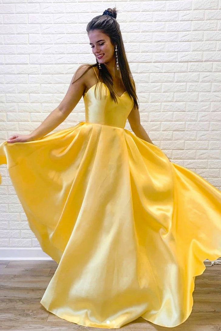 A Line Spaghetti Straps Sleeveless Long Bright Yellow Satin Prom Dresses Evening Dress OHC331