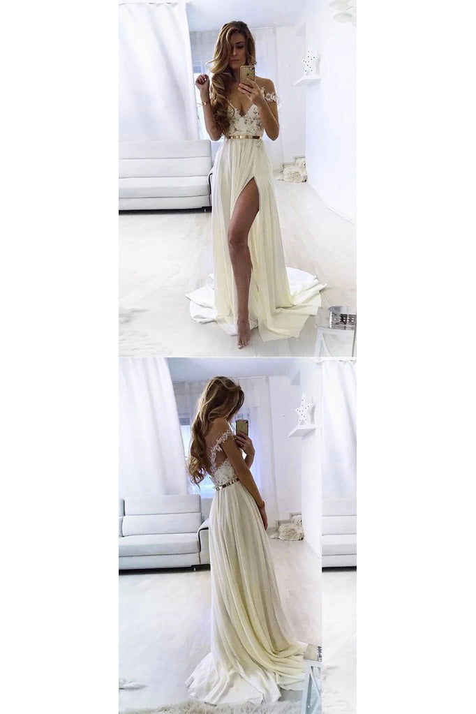 A Line Off The Shoulder Sleeveless Lace Side Slit Long White Chiffon Prom Dress Formal Dress OHC338