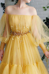 A Line Off The Shoulder Long Sleeves Lace Applique Beading Long Yellow Tulle Prom/Formal Dress OHC334