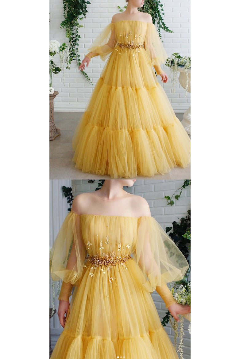 A Line Off The Shoulder Long Sleeves Lace Applique Beading Long Yellow Tulle Prom/Formal Dress OHC334
