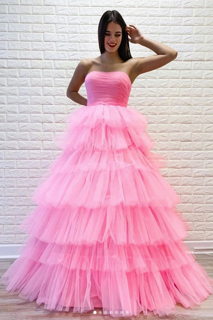A Line Strapless Sleeveless Floor Length Layered Long Pink Tulle Prom Dresses  Formal Dress OHC327