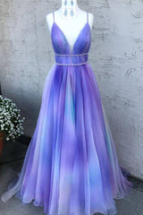 A Line Ombre Long V Neck Chiffon Prom Dresses, Evening Party Dress SNH016