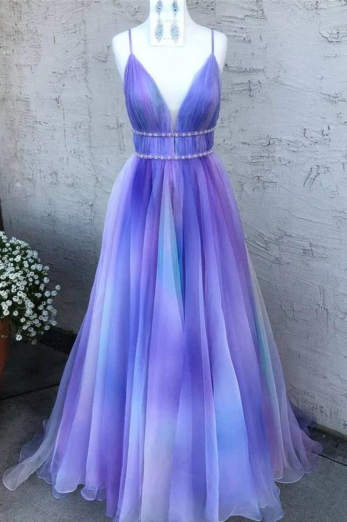 A Line Ombre Long V Neck Chiffon Prom Dresses, Evening Party Dress SNH016