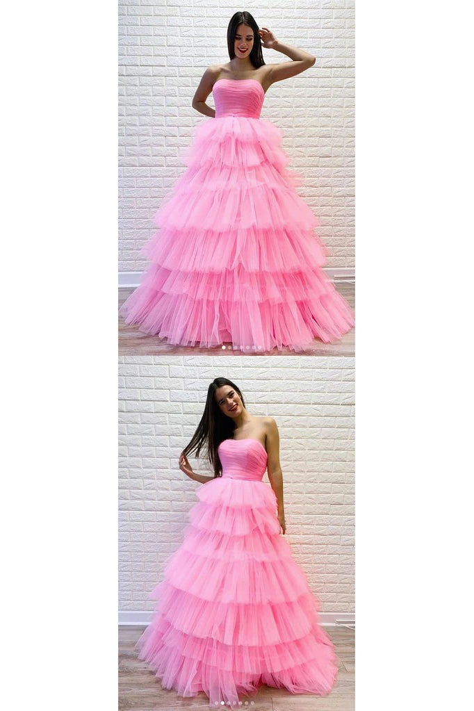 A Line Strapless Sleeveless Floor Length Layered Long Pink Tulle Prom Dresses  Formal Dress OHC327