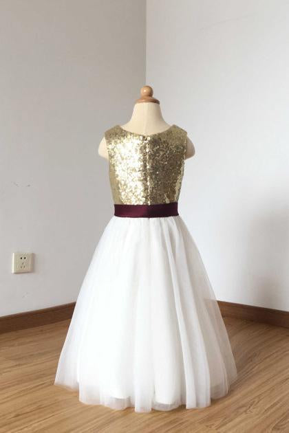 A Line Sleeveless Simple Scoop Sequins Tulle Sash Flower Girl Dress OHR029