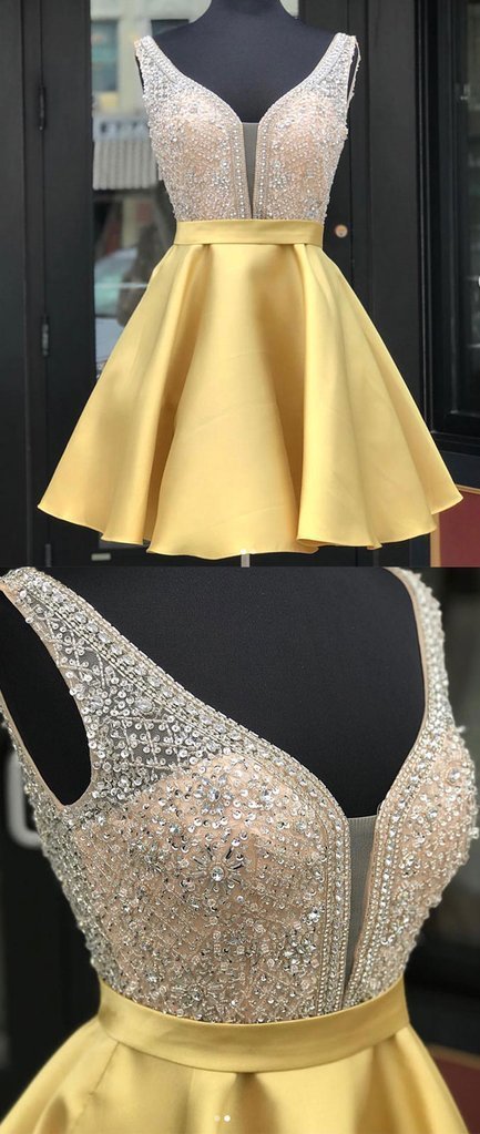 A Line Satin Beaded  Homecoming Dresses Sexy V-neck Short Prom Dress DKL1221