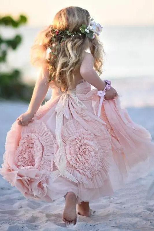 A Line Long Hand-Made Flower Chiffon Flower Girl Dresses  OHR030
