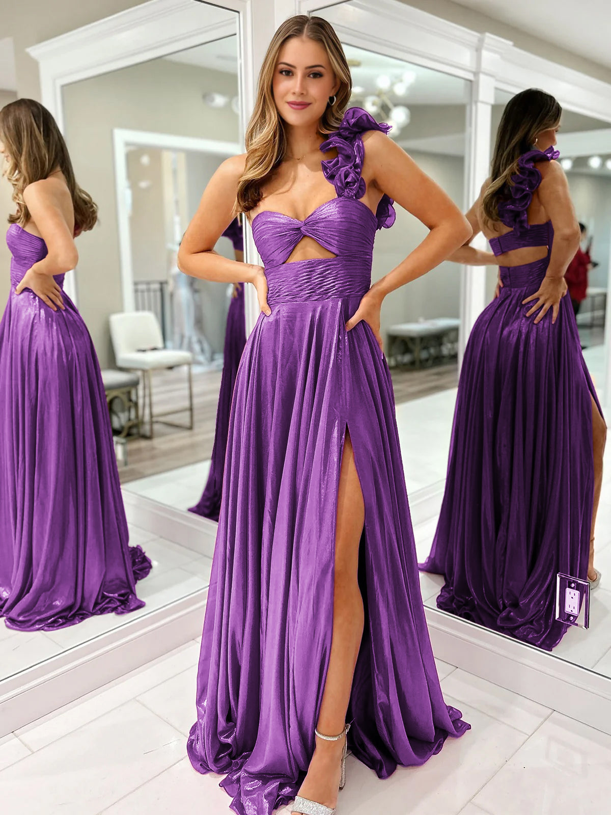 A-Line Fuchsia One Shoulder Keyhole Pleated Metallic Prom Dress with Slit